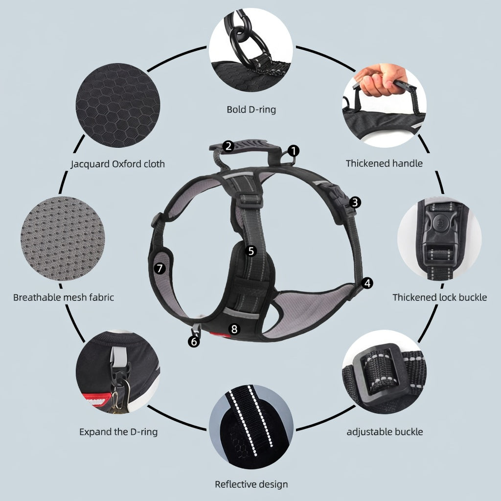 Reflective No-Pull Dog Harness – Adjustable, Breathable, Heavy-Duty Chest Strap for Small Medium Large Dogs