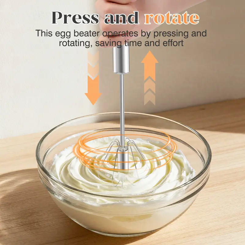 Easy Press Rotary Whisk – Stainless Steel Egg Beater for Everyday Cooking