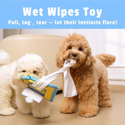 Wet-Wipe Style Treat Pockets Dog Toy Durable No-Stuffing Double Squeakers Extra-Long Tug Design
