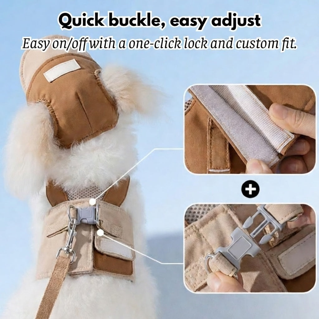 🐶 No Pull Dog Harness Leash Set with Matching Hat – Breathable Mesh Vest, Adjustable, Reflective, Brown
