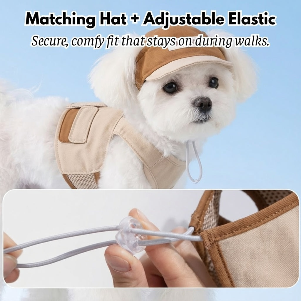 🐶 No Pull Dog Harness Leash Set with Matching Hat – Breathable Mesh Vest, Adjustable, Reflective, Brown