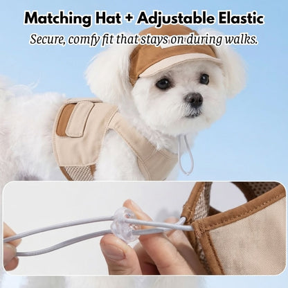 🐶 No Pull Dog Harness Leash Set with Matching Hat – Breathable Mesh Vest, Adjustable, Reflective, Brown
