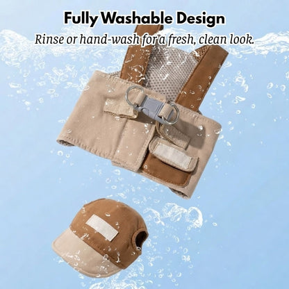 🐶 No Pull Dog Harness Leash Set with Matching Hat – Breathable Mesh Vest, Adjustable, Reflective, Brown